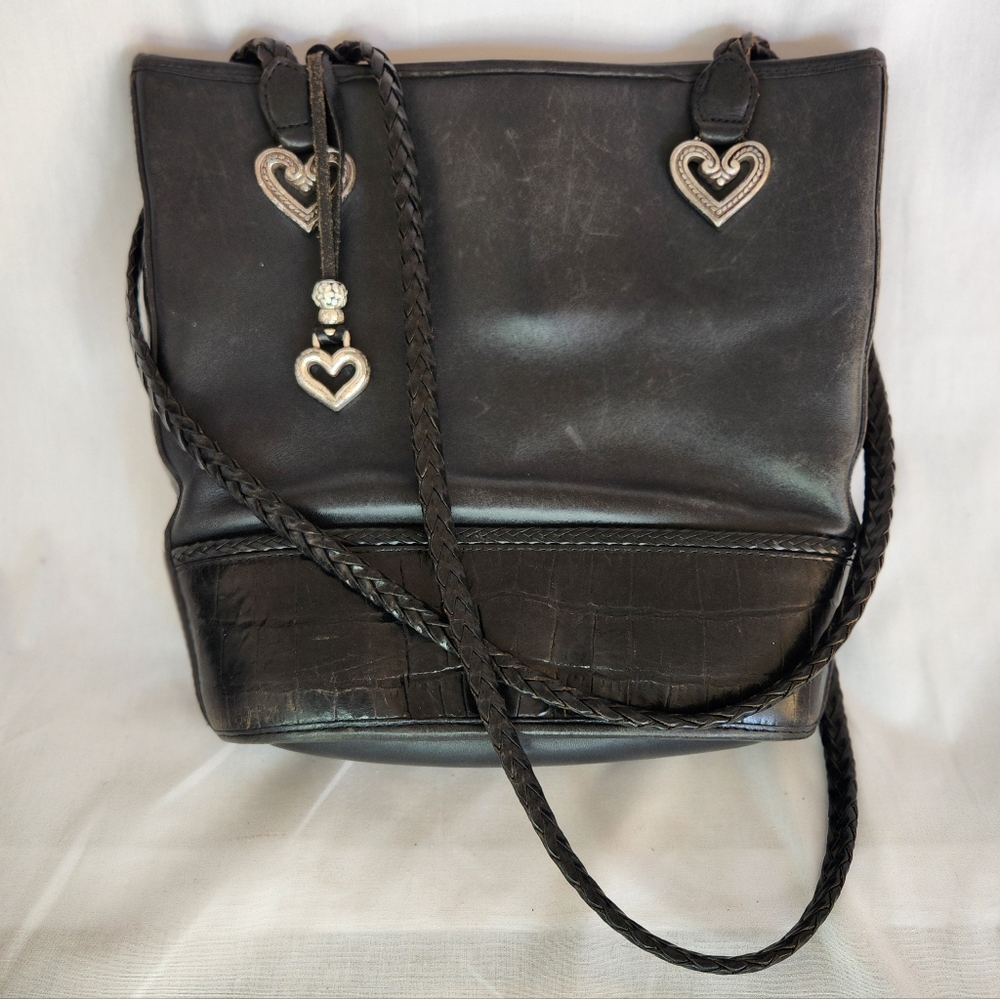 Brighton Black Leather Shoulder Tote Bag Silver Heart Hardware Braided Straps
